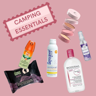 Image of camping essentials to pair with Subtl Beauty's travel makeup kit. The image shows wipes for women, sunscreen, off bug spray, makeup remover and hand sanitizer. 