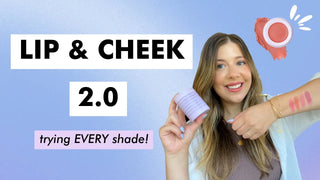 Image of Woman showing Subtl Beauty's lip and cheek switches for their travel makeup kit. The text reads "lip and cheek 2.0, trying every shade!" 