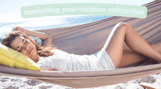 how to combat post-vacation exhaustion with your subtl beauty makeup travel kit; photo shows a woman relaxing on the beach in a hammock