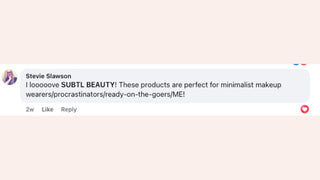 Product review for SUBTL BEAUTY on a social media platform with a light pink background.